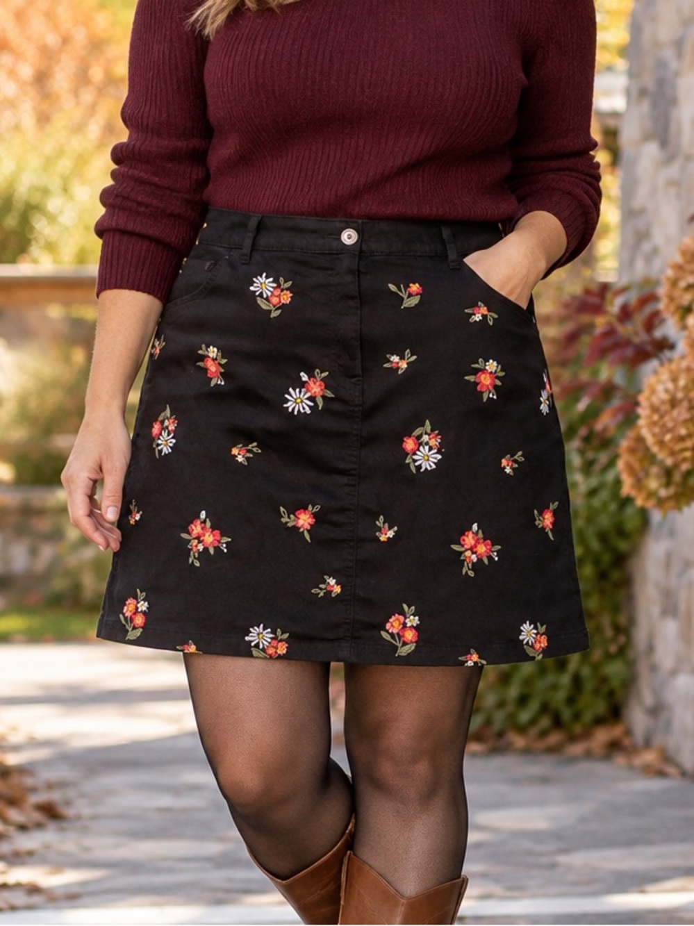Karen Scott Cotton Stretch Embroidered Floral Black Denim Skort Skirt Size 14W